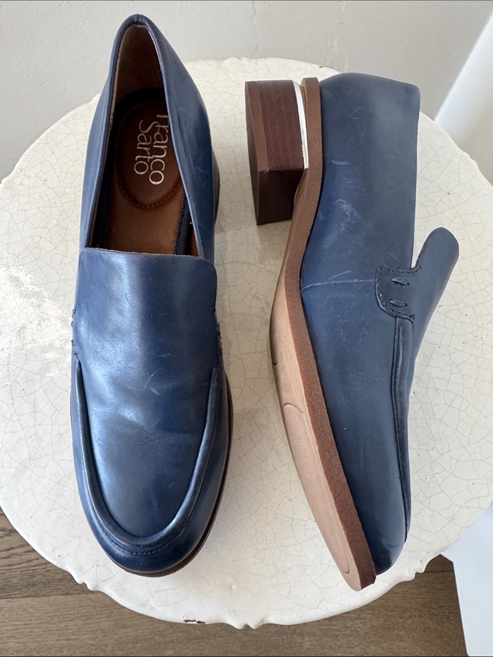 Franco Sarto Blue Leather Slip-On Loafers Block Heel Silver Accents Women’s Sz 8